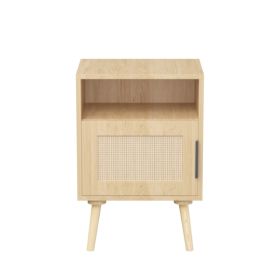 22.83'' H Rattan Nightstand, Side Table with Door Open Shelf, Accent Bedside End Table with Solid Wood Legs for Bedroom, Dorm and Small Spaces, Oak