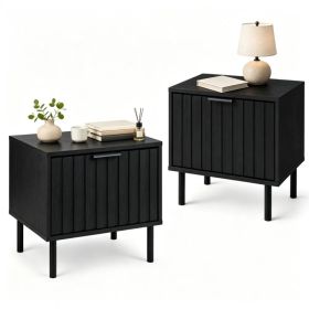 Black Fluted Drawer Nightstand Set of 2, Engineered Wood Metal Side End Table with Adjustable Foot Pads, Modern Storage Bedside Table for Small Bedroo