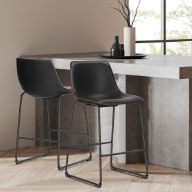 Faux Leather Counter Height Bar Stools Set of 2, With Back and Metal Leg, 26 inch Height, for Home Kitchen Office, Black