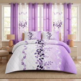 9-Piece Purple Floral Quilt and Curtain Set, Reversible Microfiber Bedspread with 2 Pillow Shams and 6 Window Curtains, Twin, Queen, King and Californ (Option: King)