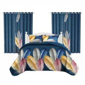 9 Piece Room In A Bag Quilt And Curtain Set, US Designer Navy Blue Boho Feather Print Heavyweight Bedspread With 6 Customizable Window Panels, Pet-Fri (Option: Cal King)