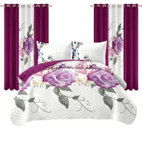9 Piece Room In A Bag Quilt And Curtain Set, US Designer Deep Magenta Purple Rose Floral Print Heavyweight Bedspread With 6 Customizable Window Panels (Option: Cal King)