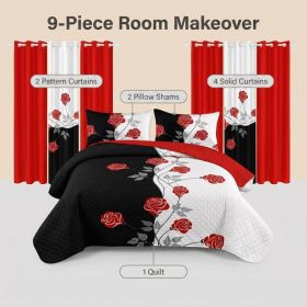 9-Piece Black and White Red Floral Quilt and Curtain Set, Reversible Microfiber Bedspread with 2 Pillow Shams and 6 Window Curtains, Queen, King and C (Option: California King)